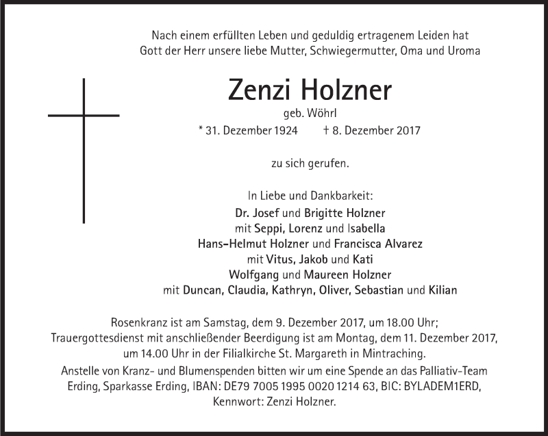  Traueranzeige für Zenzi Holzner vom 09.12.2017 aus Süddeutsche Zeitung