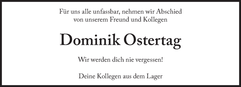  Traueranzeige für Dominik Ostertag vom 23.01.2017 aus Süddeutsche Zeitung