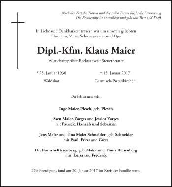 Traueranzeige von Klaus Maier von Süddeutsche Zeitung