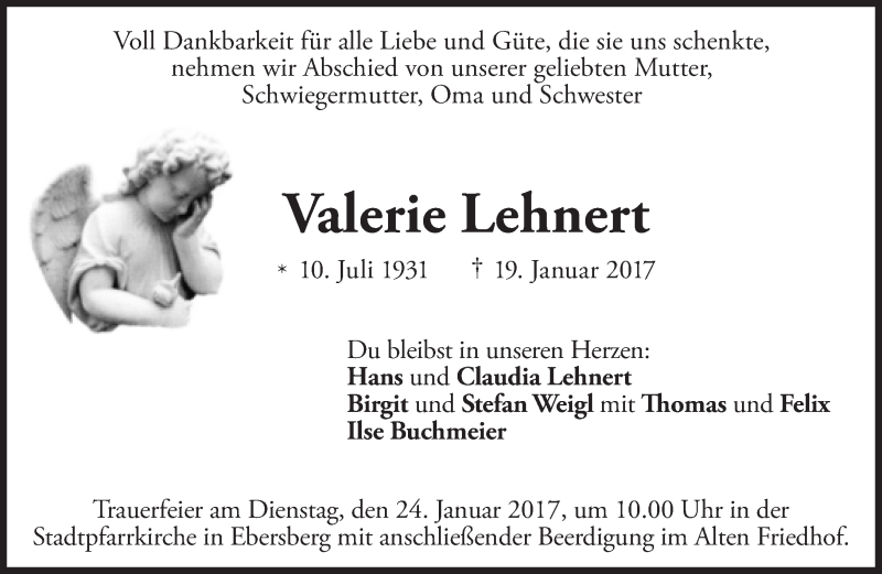  Traueranzeige für Valerie Lehnert vom 21.01.2017 aus Süddeutsche Zeitung