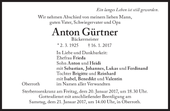 Traueranzeige von Anton Gürtner von Süddeutsche Zeitung