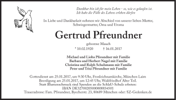 Traueranzeige von Gertrud Pfreundner von Süddeutsche Zeitung