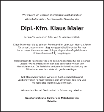 Traueranzeige von Klaus Maier von Süddeutsche Zeitung