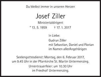 Traueranzeige von Josef Ziller von Süddeutsche Zeitung