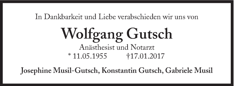  Traueranzeige für Wolfgang Gutsch vom 21.01.2017 aus Süddeutsche Zeitung