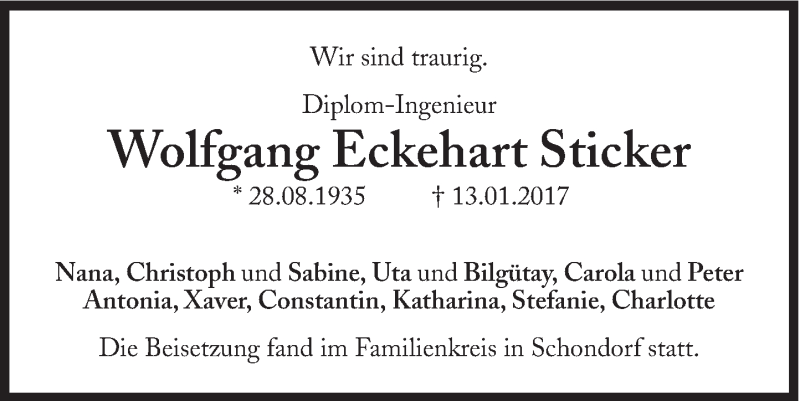 Traueranzeige für Wolfgang Eckehart Sticker vom 21.01.2017 aus Süddeutsche Zeitung