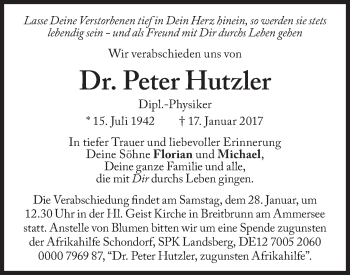 Traueranzeige von Peter Hutzler von Süddeutsche Zeitung