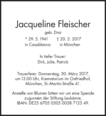 Traueranzeige von Jacqueline Fleischer von SZ Trauer