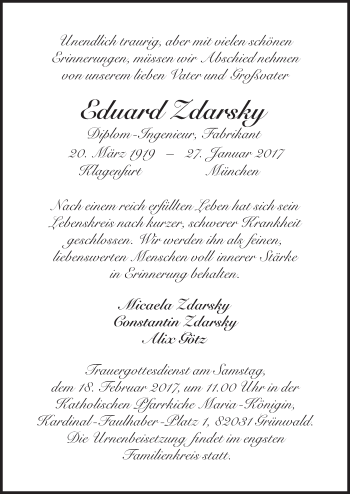 Traueranzeige von Eduard Zdarsky von Süddeutsche Zeitung