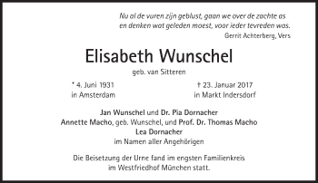 Traueranzeige von Elisabeth Wunschel von Süddeutsche Zeitung