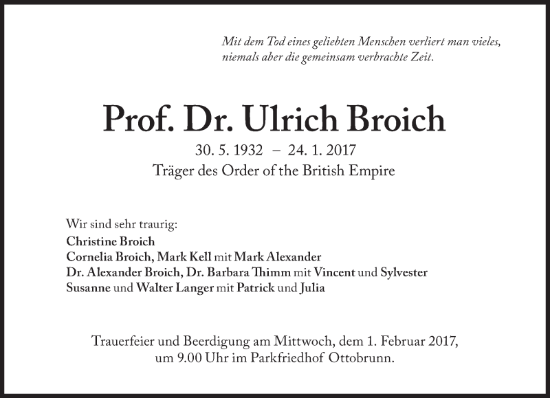  Traueranzeige für Ulrich Broich vom 28.01.2017 aus Süddeutsche Zeitung