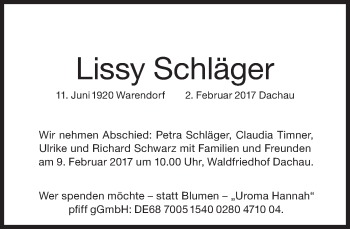 Traueranzeige von Lissy Schläger von Süddeutsche Zeitung