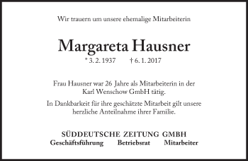 Traueranzeige von Margarete Hausner von Süddeutsche Zeitung