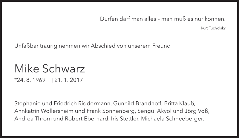  Traueranzeige für Mike Schwarz vom 28.01.2017 aus Süddeutsche Zeitung