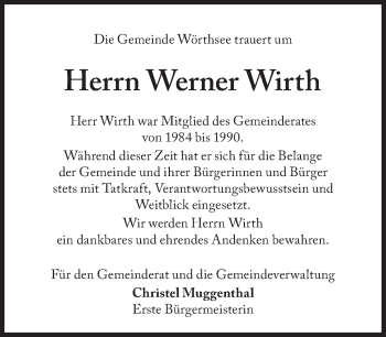 Traueranzeige von Werner Wirth von Süddeutsche Zeitung