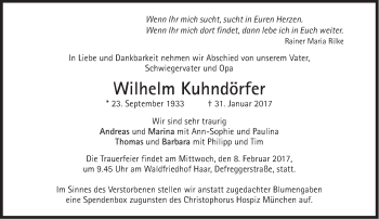 Traueranzeige von Wilhelm Kuhndörfer von Süddeutsche Zeitung