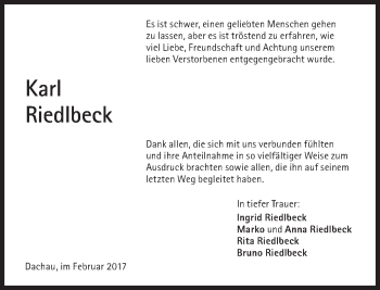 Traueranzeige von Karl Riedlbeck von Süddeutsche Zeitung