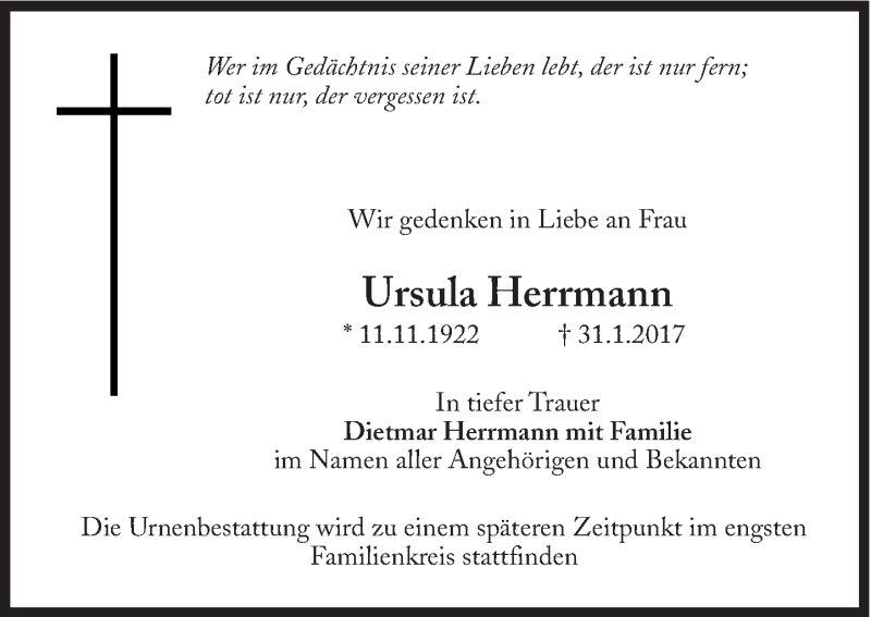  Traueranzeige für Ursula Herrmann vom 03.02.2017 aus Süddeutsche Zeitung