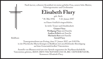Traueranzeige von Elisabeth Flury von Süddeutsche Zeitung