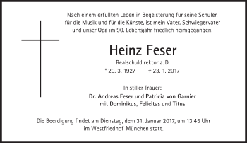 Traueranzeige von Heinz Feser von Süddeutsche Zeitung