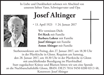 Traueranzeige von Josef Altinger von Süddeutsche Zeitung