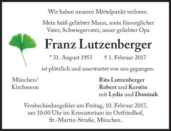 Traueranzeige von Franz Lutzenberger von Süddeutsche Zeitung