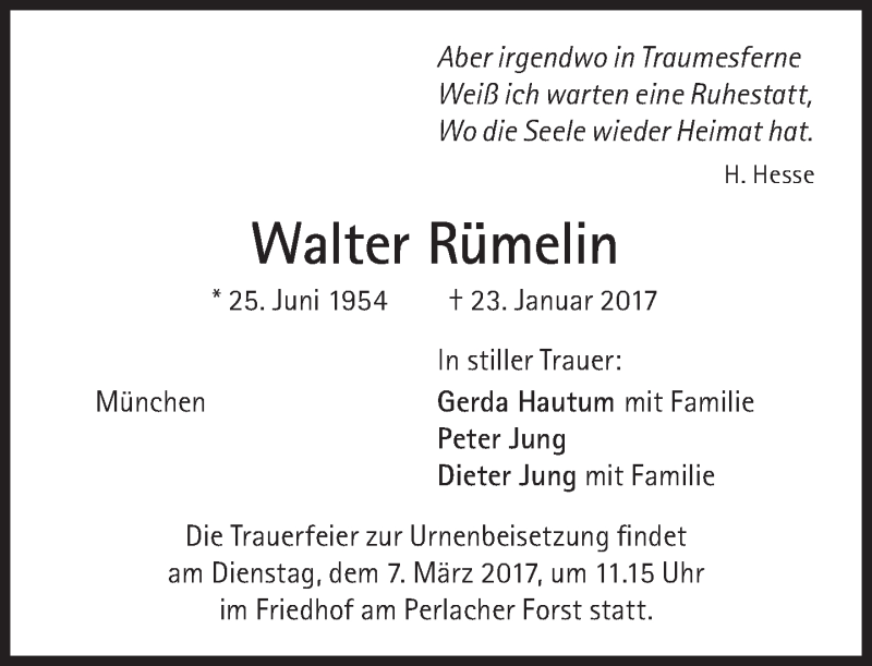  Traueranzeige für Walter Rümelin vom 04.03.2017 aus Süddeutsche Zeitung