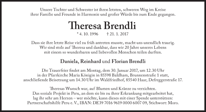  Traueranzeige für Theresa Brendli vom 24.01.2017 aus Süddeutsche Zeitung