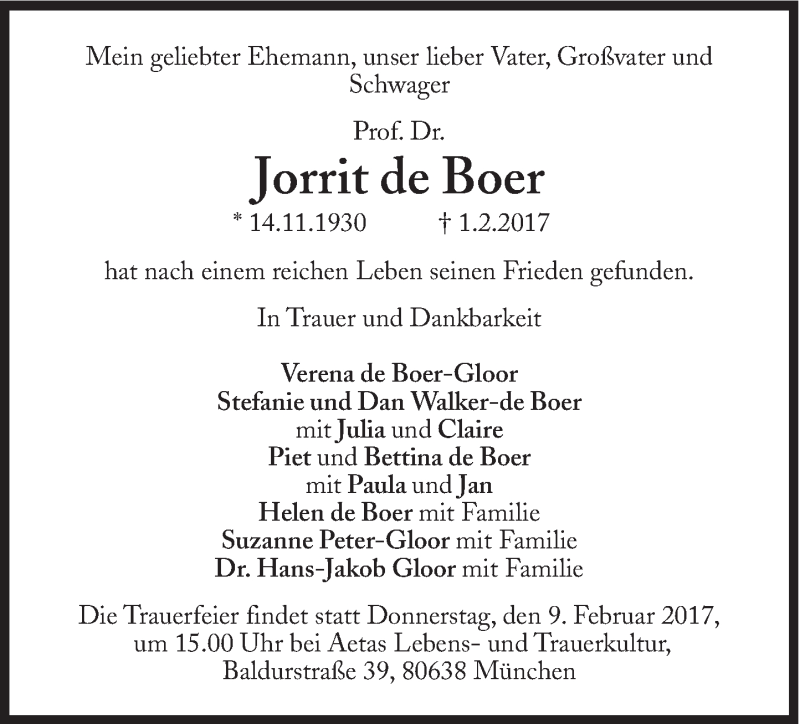  Traueranzeige für Jorrit de Boer vom 04.02.2017 aus Süddeutsche Zeitung