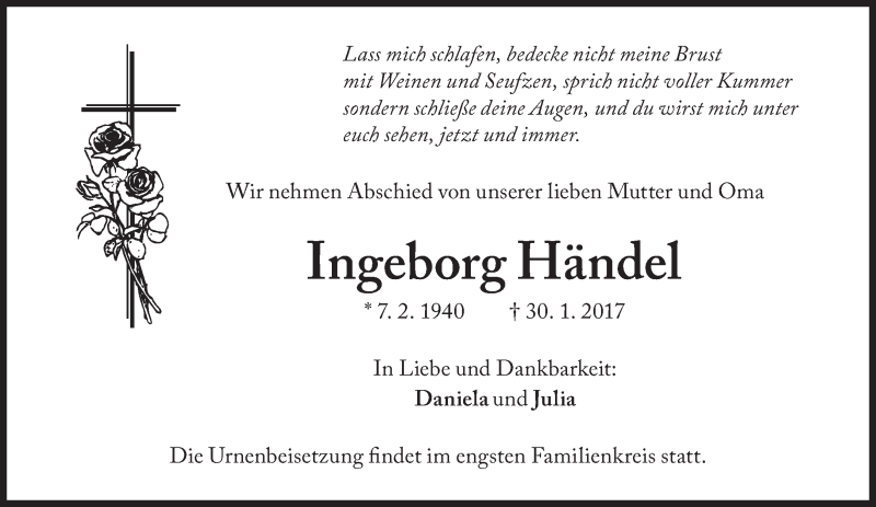  Traueranzeige für Ingeborg Händel vom 07.02.2017 aus Süddeutsche Zeitung