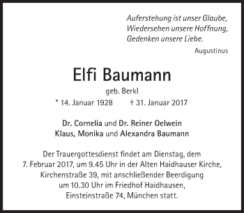 Traueranzeige von Elfi Baumann von Süddeutsche Zeitung