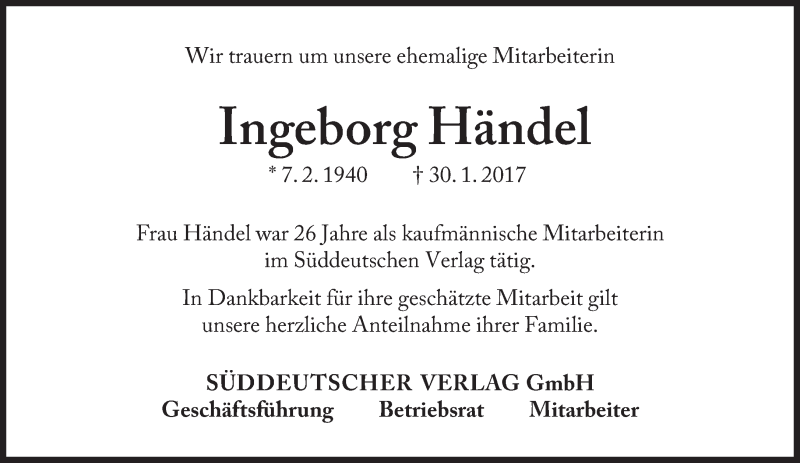  Traueranzeige für Ingeborg Händel vom 07.02.2017 aus Süddeutsche Zeitung