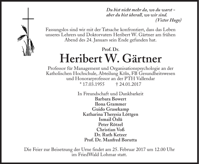  Traueranzeige für Heribert W. Gärtner vom 04.02.2017 aus Süddeutsche Zeitung