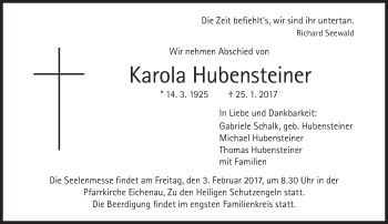 Traueranzeige von Karola Hubensteiner von Süddeutsche Zeitung