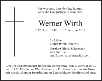 Traueranzeige von Werner Wirth von Süddeutsche Zeitung