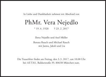 Traueranzeige von Vera Nejedlo von Süddeutsche Zeitung