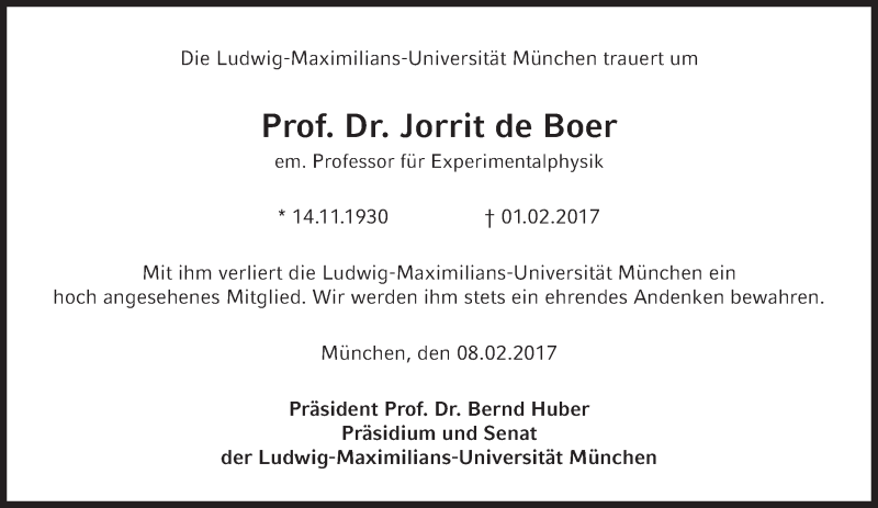  Traueranzeige für Jorrit de Boer vom 08.02.2017 aus Süddeutsche Zeitung