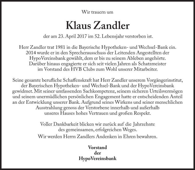  Traueranzeige für Klaus Zandler vom 28.04.2017 aus Süddeutsche Zeitung