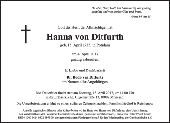 Traueranzeige von Hanna von Ditfurth von Süddeutsche Zeitung