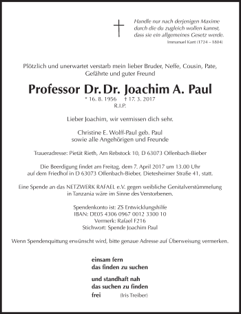 Traueranzeige von Joachim Paul von Süddeutsche Zeitung
