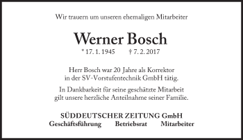 Traueranzeige von Werner Bosch von Süddeutsche Zeitung