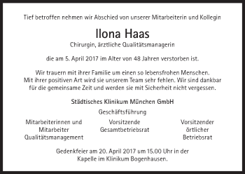 Traueranzeige von Ilona Haas von Süddeutsche Zeitung
