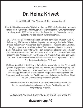 Traueranzeige von Heinz Kriwet von Süddeutsche Zeitung