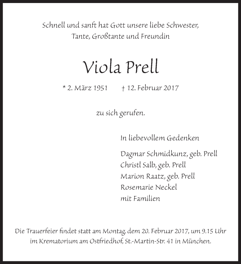  Traueranzeige für Viola Prell vom 15.02.2017 aus Süddeutsche Zeitung