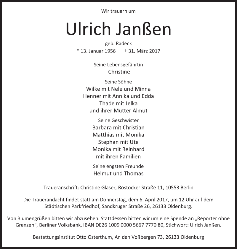  Traueranzeige für Ulrich Janßen vom 05.04.2017 aus Süddeutsche Zeitung