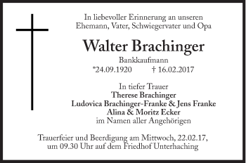 Traueranzeige von Walter Brachinger von Süddeutsche Zeitung