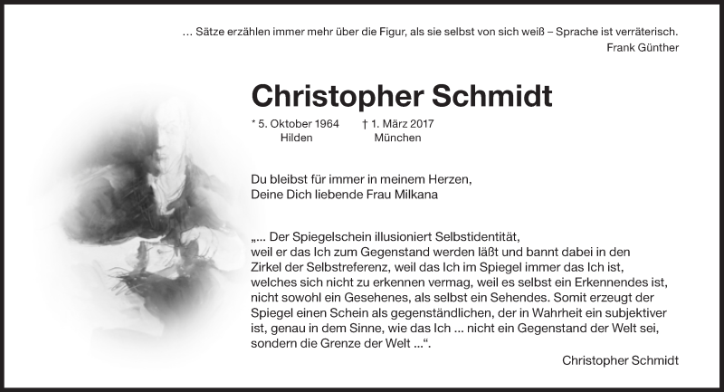  Traueranzeige für Christopher  Schmidt vom 25.03.2017 aus Süddeutsche Zeitung