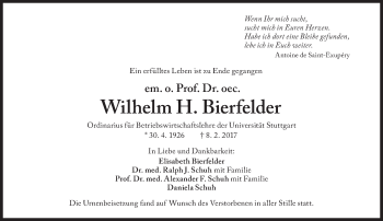 Traueranzeige von Wilhelm Bierfelder von Süddeutsche Zeitung