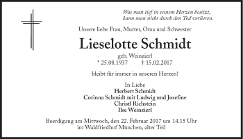 Traueranzeige von Lieselotte Schmidt von Süddeutsche Zeitung