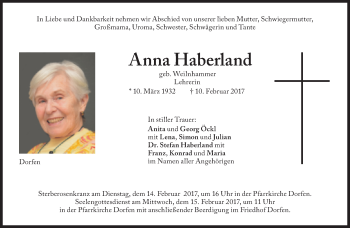 Traueranzeige von Anna Haberland von Süddeutsche Zeitung